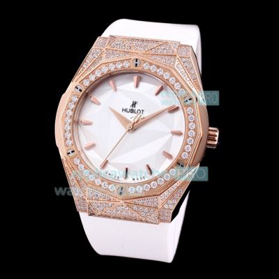 Replica Hublot Sang Bleu Rose Gold Diamond Watch White Dial Rubber Strap 45mm